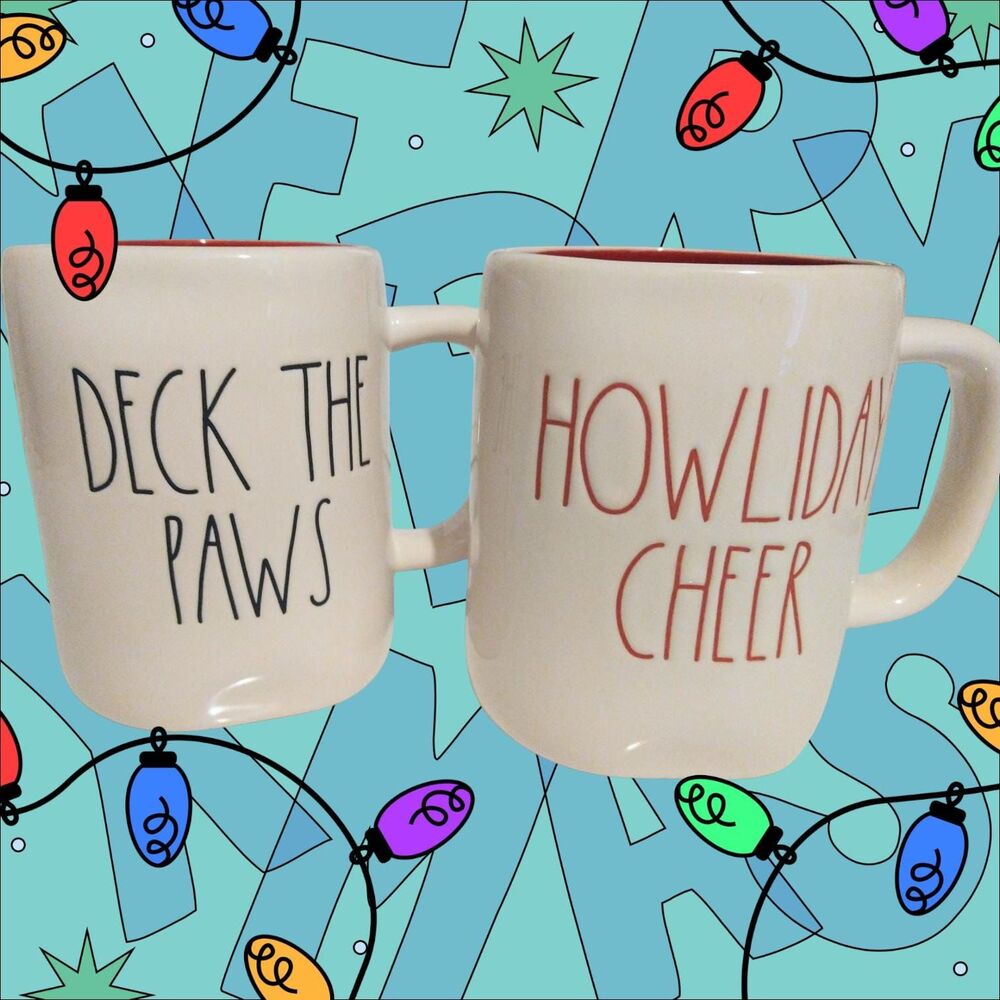 Rae Dunn Dog Parent 2 Christmas Mugs "Deck The Paws" "Howliday Cheer"